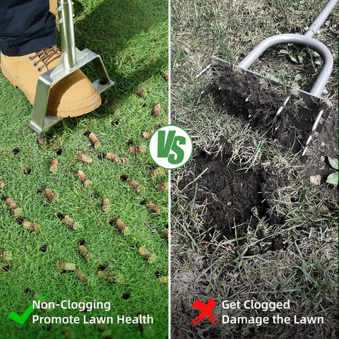 Comparison of Three-Tine Manual Core Aerator Tool For Lawns on left and traditional aerator on right, highlighting aeration efficiency