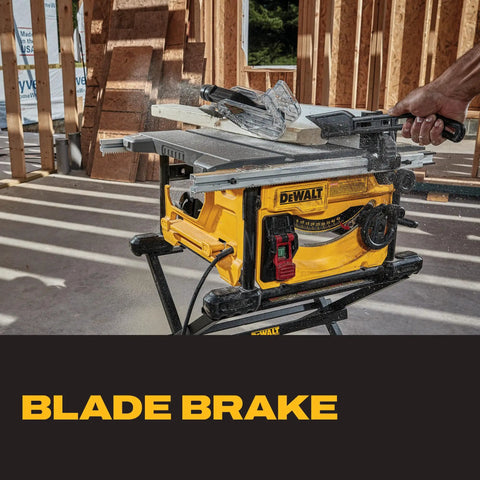 Built Like A Tank Portable Table Saw Equipped With Sturdy Rolling Cart And Premium Steel Blade delivering lightning fast cuts in a construction site.