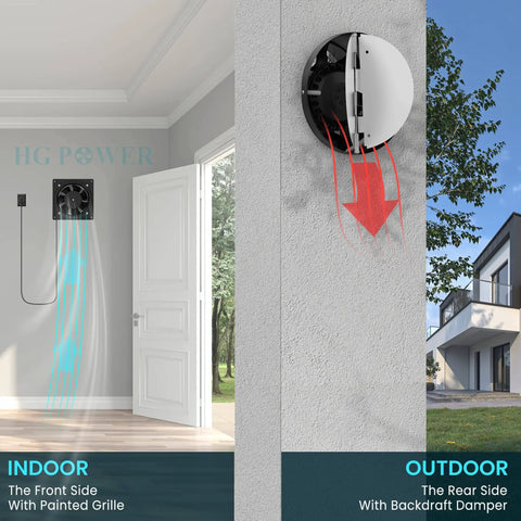 6 Inch Exhaust Fan For Kitchen Bathroom Attic And Garage With 308 CFM Wall Mount Vent Metal Extractor Durable Motor And High Efficiency HVAC Ventilation For Home Workshop Basement Office Quiet Operation And Long Lasting Performance, installed view, indoor and outdoor sides visible.