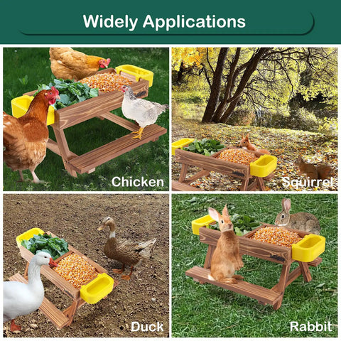 Collage of wooden No Waste Chicken Feeders And Waterers Kit With Picnic Table Includes Two Water Feeders used by various animals.