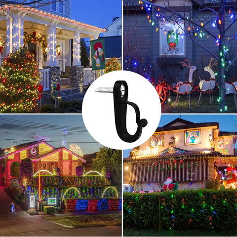 Heavy Duty Screw In Hooks For Outdoor String Lights And Indoor Decor, 14 Pack Black, shown in holiday lighting setups