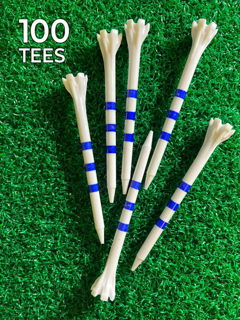 Three And A Quarter Inch My Hite FLYtee Golf Tees Bulk Pack White And Blue Stripe 100 Count With 6 Pronged Head on grass