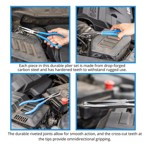 Using Long Nose Pliers Set 11 Inch Long Reach With Straight Angled Curved Needle Nose Pliers Bent Head 45 And 90 Degree For Mechanics Electricians And DIY Pros 4 Piece Kit to grip engine components.