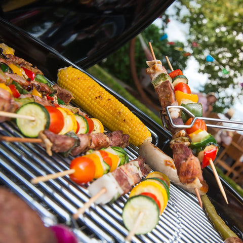 Grilling with 12 Inch Bamboo Skewers For Grillin And Barbecue 100 Count Wooden Kabob Sticks, vegetables and meat on skewers