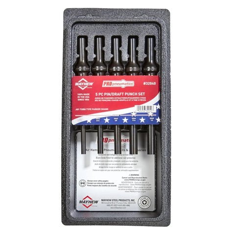 Five Piece Pneumatic Pin And Drift Punch Set In Black Oxide Finish With Quarter Inch, Five Sixteenths Inch, Three Eighths Inch, Seven Sixteenths Inch And Half Inch By Six Inch Punches, Hardened Tool Steel, Pro Grade Made In USA in packaging.