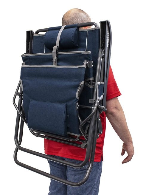 Person carrying Legz Up Lounger Outdoor Folding Chair With Multi Position Recline Legs Up Or Down Comfort on their back