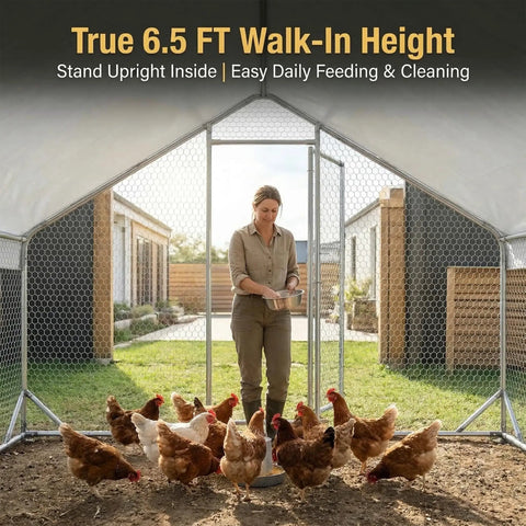 Person in Beefy Heavy Duty Large Metal Chicken Coop Walk In Run Pen With Waterproof Cover For Outdoor Backyard Farm Use Ten By Ten By Six Point Five Feet Cage feeding chickens.