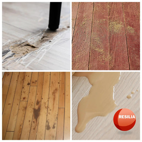 Damaged floors with scratches and spills before using Premium Clear Floor Protector Mat 27 Inch By 12 Foot Waterproof Roll