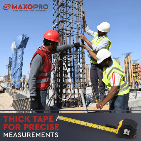 Construction workers using Retractable Tape Measure Twenty Five Feet With One Thirty Second Inch And One Millimeter Precision Built Tough.