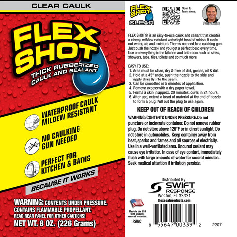 Rubber Adhesive Sealant Caulk Eight Ounce Clear Flexible Bonding Sealant packaging with red and yellow design