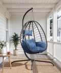 Foldable Egg Chair With Stand For Indoor And Outdoor Use Wicker Rattan Swing Chair 485 Lbs Capacity Strong Iron Frame UV Resistant Cushion Patio Balcony Blue on porch