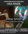 Athlete using 2 In 1 Grip Restore And Cleaner For Shoes And Gloves, A Versatile Grip Spray For Golf Basketball Football Volleyball And Baseball, Removes Dirt And Oil, Restores Traction, Control, And Consistency On Court And Field with gloves and sports ball.