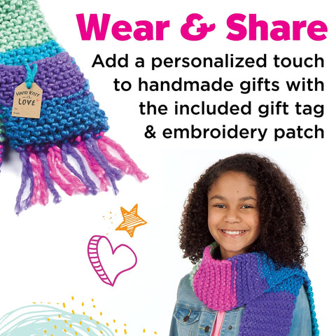 Kid wearing colorful knitted scarf with secret pocket from Learn To Knit Pocket Scarf Kit For Beginners, Easy DIY Knitting Craft For Kids 9 Plus