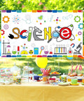 Chemical Science Backdrop Banner Decorations Extralarge Kid Friendly Classroom Lab Party Themed Background With Colorful Scientific Elements Perfect For School Projects Birthday Celebrations And Scientist Themed Events No Drill Easy Setup hanging outdoors over a table with sweets and party items