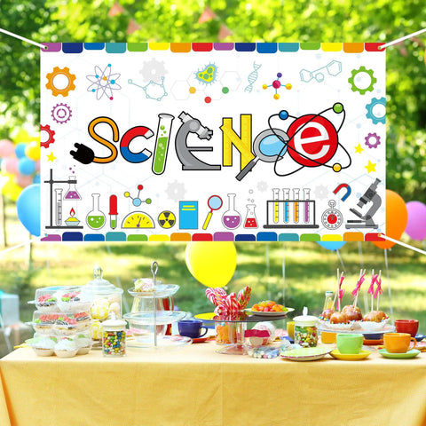 Chemical Science Backdrop Banner Decorations Extralarge Kid Friendly Classroom Lab Party Themed Background With Colorful Scientific Elements Perfect For School Projects Birthday Celebrations And Scientist Themed Events No Drill Easy Setup hanging outdoors over a table with sweets and party items