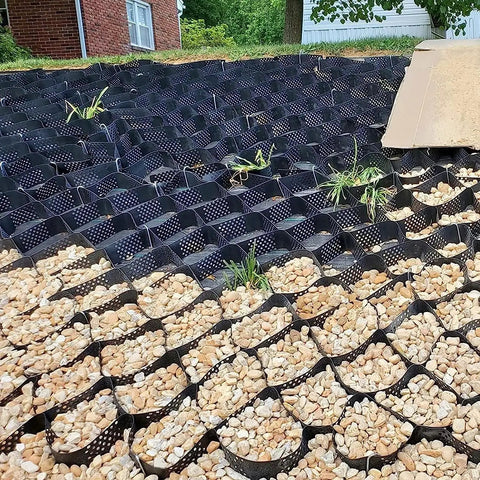 Permeable Geocell Grid System for Stabilization and Drainage with gravel installed for driveways and pathways landscaping