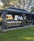 12 By 20 Ft Permanent Hardtop Aluminum Gazebo With Rock Solid Galvanized Steel Roof And Double Roof Design For Patio Lawn And Garden Includes Curtains And Netting Grey installed in backyard
