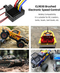 Beefy 90A Brushed Waterproof ESC With Built In 5A BEC, visible with RC vehicles like cars and tanks highlighting compatibility.