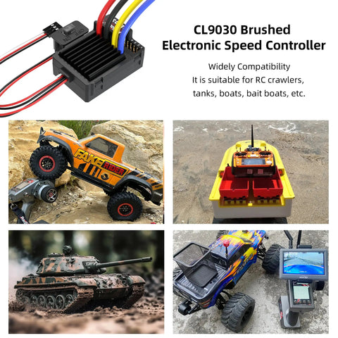 Beefy 90A Brushed Waterproof ESC With Built In 5A BEC, visible with RC vehicles like cars and tanks highlighting compatibility.
