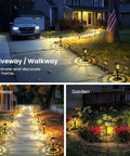 Outdoor Solar Lights For Yard And Pathway Waterproof Landscape Lighting For Garden Patio Walkway Driveway 8 Pack Warm White With Snowflake Pattern illuminating a driveway and garden.