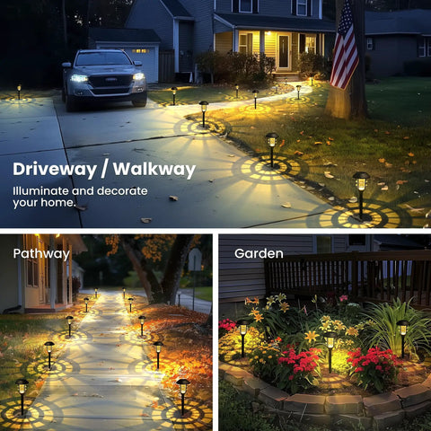 Outdoor Solar Lights For Yard And Pathway Waterproof Landscape Lighting For Garden Patio Walkway Driveway 8 Pack Warm White With Snowflake Pattern illuminating a driveway and garden.