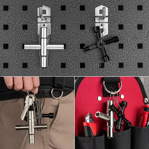 4 Way Sillcock Water Key, All In One Steel Tool For Sillcocks Faucets Valves And Spigots hanging on tool belt