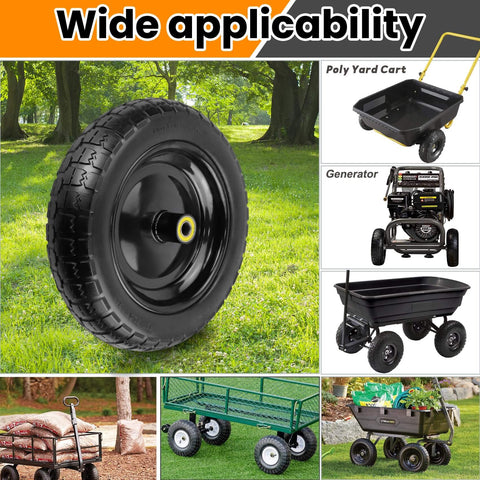 Thirteen Inch Flat Free Wheels Replacement for Garden Carts and Hand Trucks Four Point Zero Zero To Six Solid Tires With Five Eighth Inch Bearings No Flats Maintenance Free Puncture Proof Easy Swap Upgrade for Yard Carts