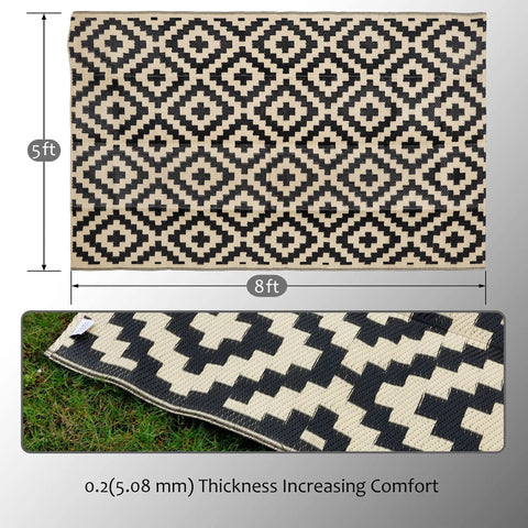 Waterproof Outdoor Rug 5x8 Ft Reversible Plastic Area Rug For Patio Deck Backyard RV Beach Camping Black And Beige Large Modern Floor Mat For All Weather Outdoor Use with size measurements shown.