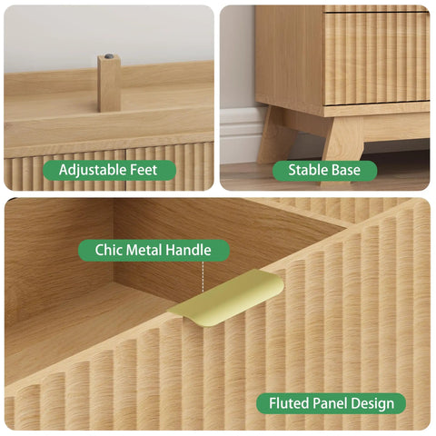 Detail view of Fluted Dresser for Bedroom With Six Drawers and Totally Modern Oak Finish 48 Inch Wide Wooden Dresser TV Stand features.