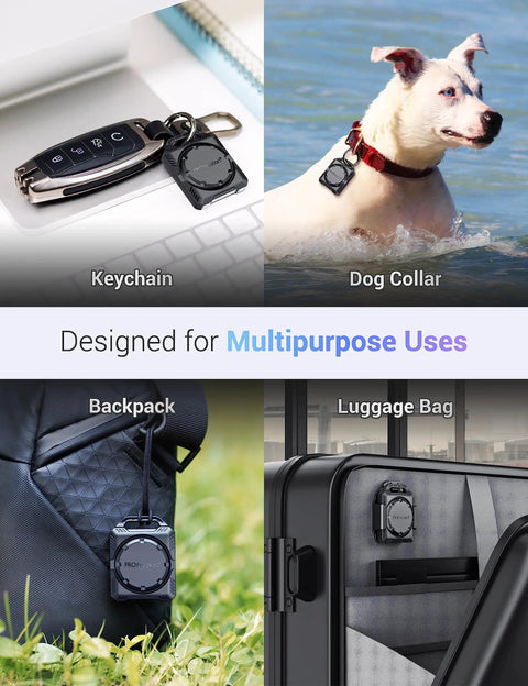 AirTag Holder Case With Key Ring And 3M Mount for keychain, dog collar, backpack, luggage; multipurpose use showcase