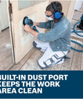 Person using Heavy Duty Electric Orbital Sander Featuring A Kick Butt Turbo Mode For Brutal Wood Stock Removal And Smooth As Silk Finishing - 7.5 Amp Corded Power Tool on a door.