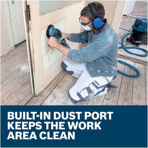 Person using Heavy Duty Electric Orbital Sander Featuring A Kick Butt Turbo Mode For Brutal Wood Stock Removal And Smooth As Silk Finishing - 7.5 Amp Corded Power Tool on a door.
