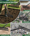 Heavy Duty Bow Rake With 60 Inch Adjustable Handle And 17 Inch Wide Metal Head For Yard Work Lawn Leveling Loosening Soil Gathering Leaves Gravel Mulch And Grass Cleanup Rugged Tool For Gardening shown in use on soil, leaves, sand, and rocks