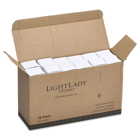 Open box of Silicone Dipped Candle Bulbs For Candle Lamps And Window Candles, 7 Watt Cozy Glow, E12 Candelabra Base, C7 Shape, 12 Pack.