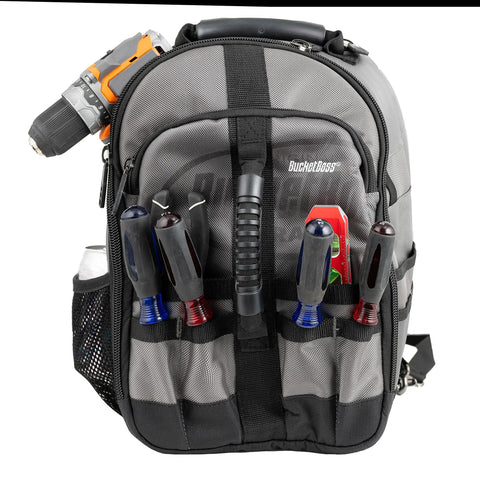 Front view of Pro Grade Sling Pack Tool Bag With 24 Pockets Dual Handles And Adjustable Shoulder Strap, grey with tools visible.