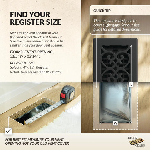 Measurement guide for Metal Scroll Decorative Air Vent Cover For 4x12 Floor Register With Adjustable Control Lever And Easy Install