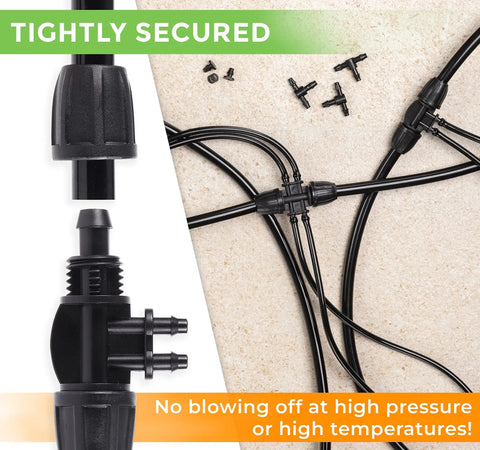 Drip Irrigation Fittings Kit 5/16 to 1/4 Inch Connectors Set showing secured connections and components for garden tubing.