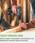 Person using drill with All In One 70 Piece Impact Rated Driving Set for DIY, showcasing tough torsion zone in woodworking project.