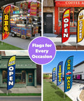 Outdoor advertising feather flag pole kit with varicolored flags for BBQ, coffee, open, car wash displayed at various storefronts.