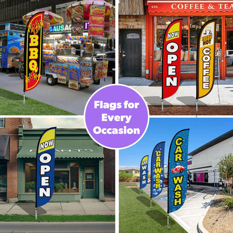 Outdoor advertising feather flag pole kit with varicolored flags for BBQ, coffee, open, car wash displayed at various storefronts.