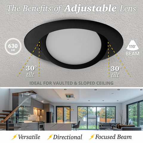 4 Inch Black Gimbal LED Recessed Lighting Kit With Slick Adjustable Lens For Sloped Ceilings, installed indoors