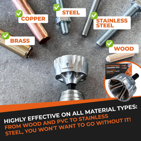 Deburring External Chamfer Tool With Tungsten Carbide Blade among pipes and rods of various materials, product box visible
