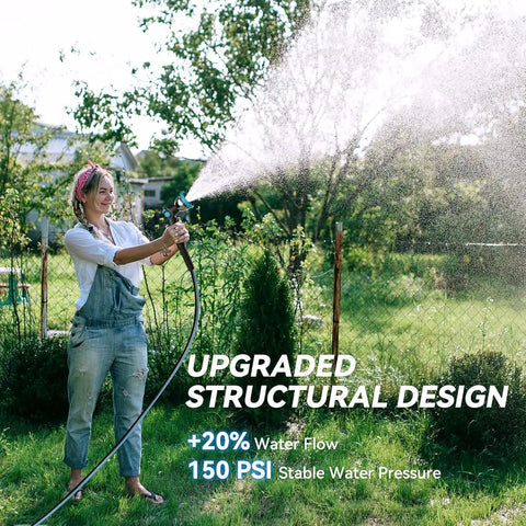 Person using Retractable Garden Hose Reel With Auto Rewind And Lockable Length, 100 Ft Of 5/8 Inch Hose, watering garden, text overlay