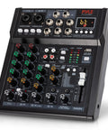 Six Channel Studio Mixer With Bluetooth Road Ready USB Audio Interface Built In MP3 Player DSP Effects Phantom Power XLR And Combo Inputs Control Room Output Smooth Dials And Faders Compact Footprint For Home Studio And Live Setups, front view
