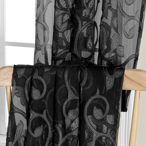 Black Sheer Curtains 90 Inch Long Two Panel Set with Jacquard Pattern on Rod Holder