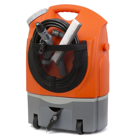 On The Go Portable Spray Washer With Built In Water Tank, Rechargeable Battery Or Car Or Home Plug, visible hose and attachments