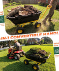 Beefy Garden Dump Cart With 1400LB Capacity for Lawn and Landscaping shown in use, loaded with soil and wood, towable by tractor.