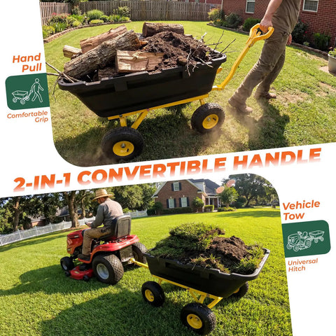 Beefy Garden Dump Cart With 1400LB Capacity for Lawn and Landscaping shown in use, loaded with soil and wood, towable by tractor.