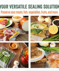 Heavy Duty Aluminum Vacuum Sealer Machine Delivers Beast Mode Suction Strength And Keeps Things Cool Under Pressure While Preserving Fresh Meats Vegetables And Leftovers For Your Daily Meal Prep Hustle with sealed veggies and meats.