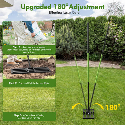 Lawn Leveling Rake With 6.5 Foot Stainless Steel Handle, 35 By 10 Inch Ground Leveler, adjustable 180 degree, on grass